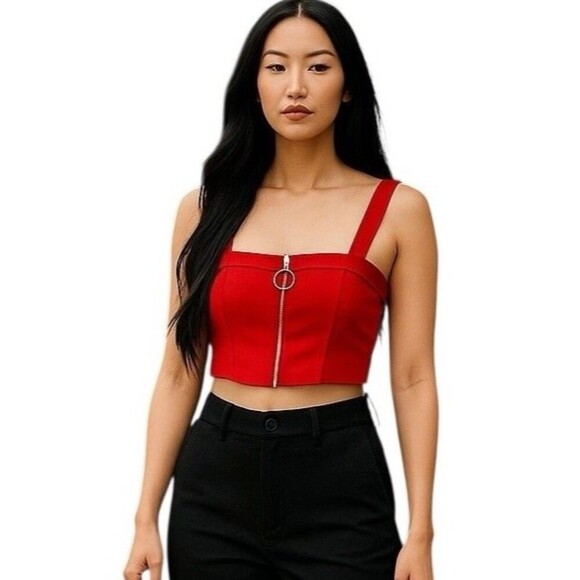 SEEK The Label Faux Suede Crop Top Red Front Zip Bustier Blouse Women's Size S - Picture 1 of 10